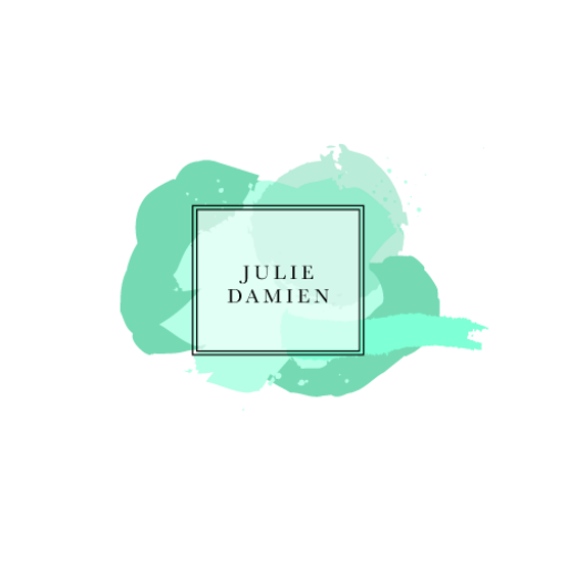 Logo, tâche de peinture dégradé de vert pastel, un caré à double bord noir et Julie Damien inscrit à l'interieur